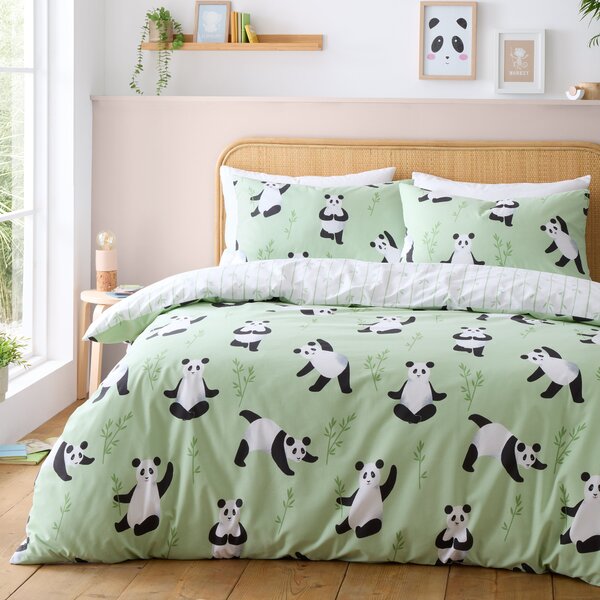 Catherine Lansfield Panda Paws Reversible Duvet Cover Bedding Set Green