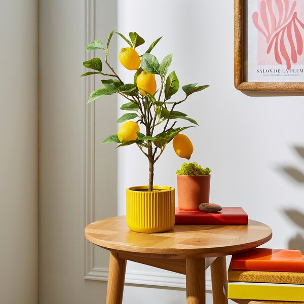 Artificial Lemon Tree in Yellow Ribbed Plant Pot Yellow