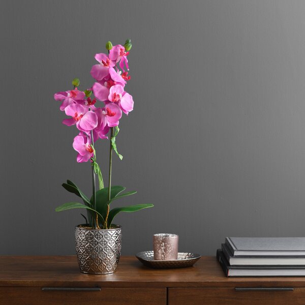 Artificial Orchid Pink in Silver Vase 28cm Pink/Green
