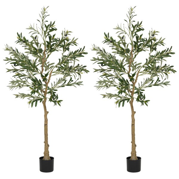 HOMCOM Set of 2 5ft/ 150cm Decorative Artificial Plant, Silk Olive Tree with 720 Leaves and 32 Olive Fruits in Pot, Fake Plant for Home, Office, Living Room, Indoor Decor