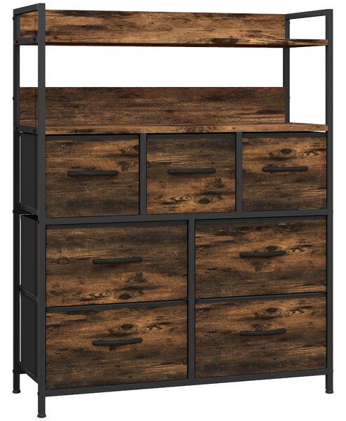 HOMCOM Rustic Chest of Seven Fabric Drawers - Brown Wood Effect Aosom UK