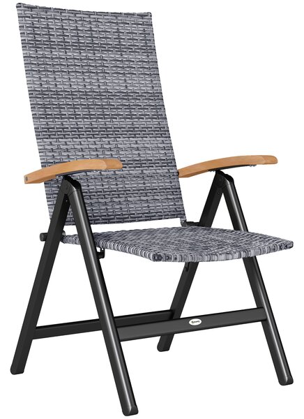 Outsunny Outdoor Folding Rattan Chair with Armrests, High Backrest, for Garden, Camping, Balcony, Porch - Light Grey