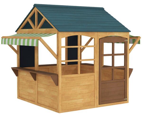 AIYAPLAY Wooden Playhouse for Kids, Foldable Wendy House with Windows, Working Door, Service Stations, Rain Covers, Brown