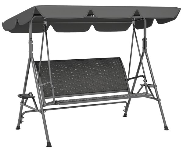 Outsunny 3 Seater Swing Chair, Garden Swing Seat Bench with Adjustable Canopy, Rattan Seat and Steel Frame for Patio, Yard, Grey