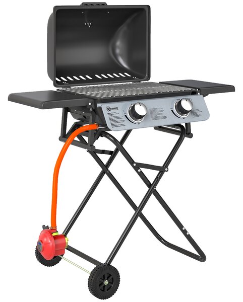 Outsunny 2 Burner Portable Gas BBQ with Trolley, Small Gas BBQ with Stainless Steel Frame, Thermometer, Lid, Black Aosom UK