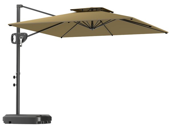 Outsunny Cantilever Parasol with Weighted Base Double Top Garden Parasol Square Hanging Patio Umbrella with Crank Tilt Khaki