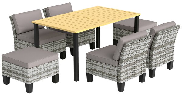 Outsunny 7-Piece Rattan Garden Dining Set, 6 Seater Wicker Garden Furniture Set with Seat and Back Cushions, Umbrella Hole, Patio Table and Chairs with Slatted Metal Top Table for Balcony, Grey