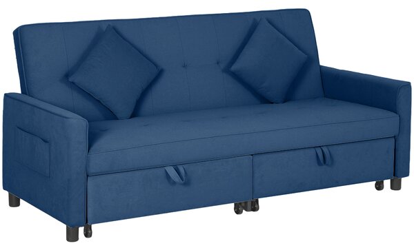 HOMCOM Three-Person Velvet-Feel Sofa Bed - Blue