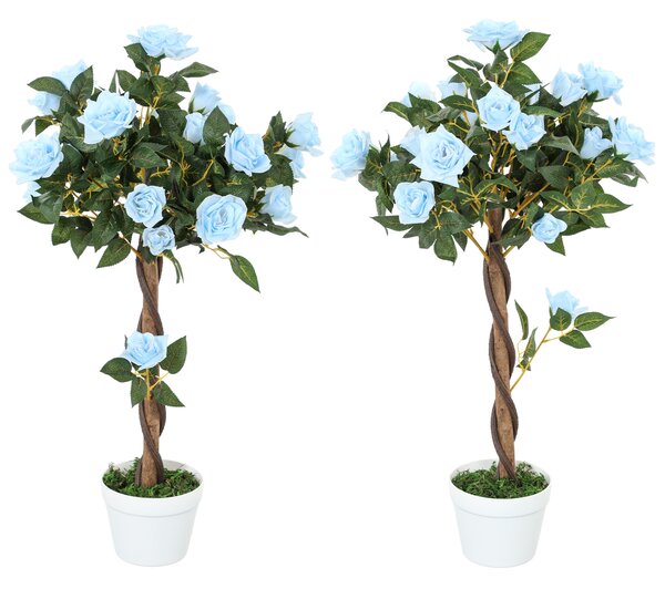 Outsunny Set of 2 Artificial Plants White Rose Floral in Pot, Fake Plants for Home Indoor Outdoor Decor, 90cm, Light Blue