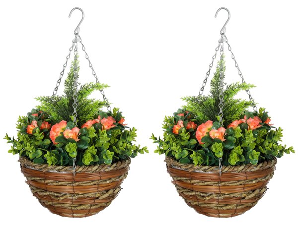 Outsunny Pack of 2 Faux Plant Artificial Lisianthus Flowers Hanging Planter with Basket for Indoor Outdoor Decoration, Orange