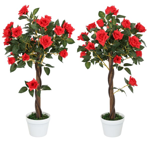 Outsunny Set of 2 Artificial Plants White Rose Floral in Pot, Fake Plants for Home Indoor Outdoor Decor, 90cm, Red