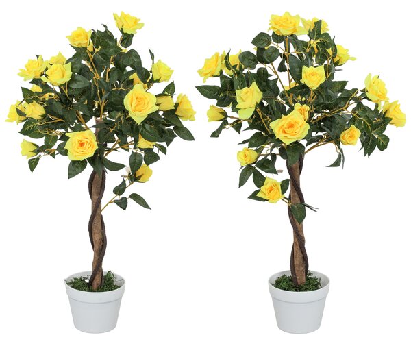 Outsunny Set of 2 Artificial Plants White Rose Floral in Pot, Fake Plants for Home Indoor Outdoor Decor, 90cm, Yellow