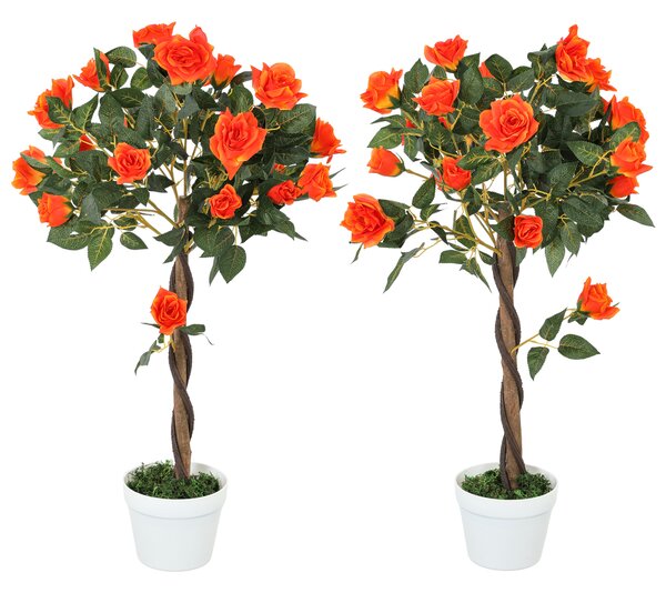 Outsunny Set of 2 Artificial Plants White Rose Floral in Pot, Fake Plants for Home Indoor Outdoor Decor, 90cm, Orange