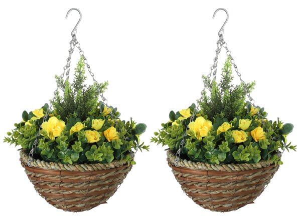 Outsunny Pack of 2 Faux Plant Artificial Lisianthus Flowers Hanging Planter with Basket for Indoor Outdoor Decoration, Yellow