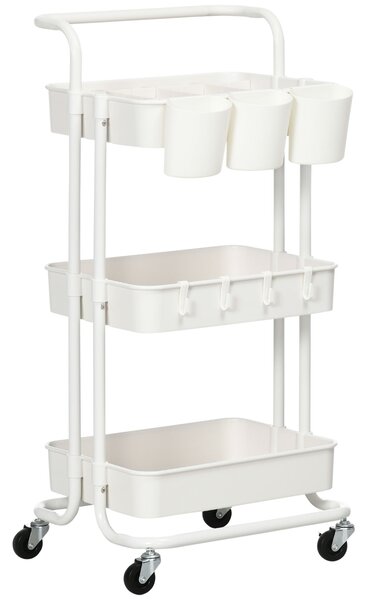 HOMCOM Three-Tier Home Trolley, with Handle and Wheels - White