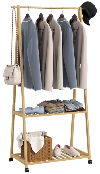 HOMCOM Bamboo Clothes Rack, with Shelves and Hooks - Natural Finish