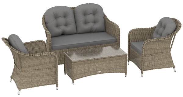 Outsunny Four-Piece Rattan Sofa Set, with Glass-Top Table - Light Grey