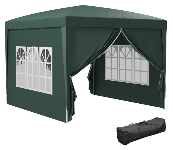 Outsunny 3 x 3m Waterproof Gazebo, Metal Frame Pop Up Canopy Tent with Side Panels, Windows & Carry Bag, Green Aosom UK