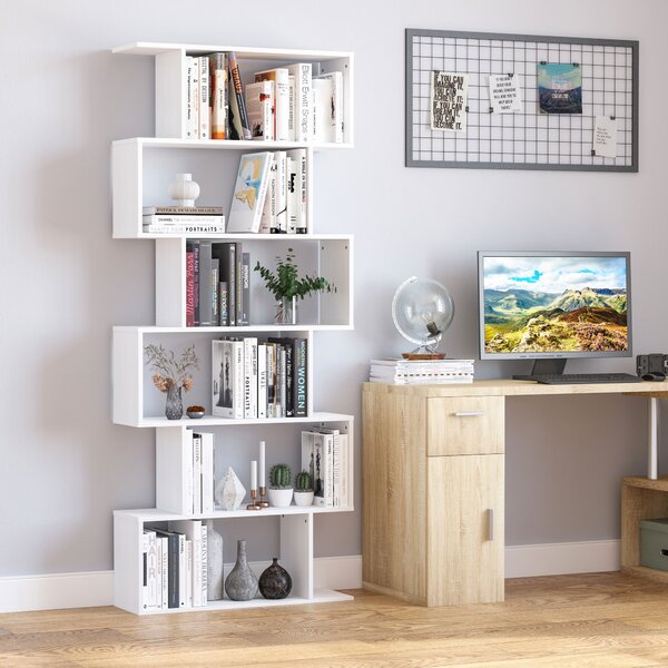 HOMCOM Shelving Splendour: 6-Tier S-Shaped Bookcase, Wooden Open Display Unit, White