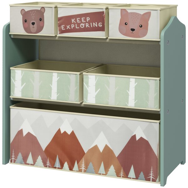 ZONEKIZ Children's Toy Storage Unit with 6 Fabric Bins, Organiser for Bedroom, Nursery, Green
