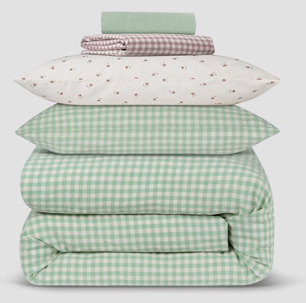 Sage Green Gingham & Posy Bud Linen Blend Bedding Set | Single | Piglet in Bed