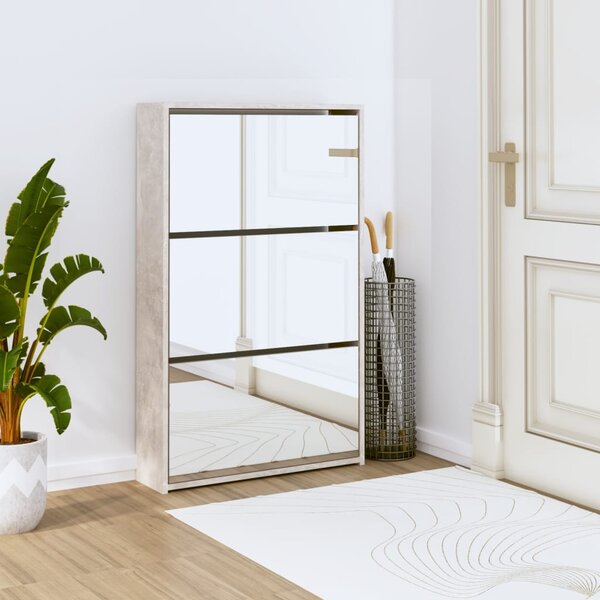 Shoe Cabinet with Mirror 3-Layer Concrete Grey 63x17x102.5 cm