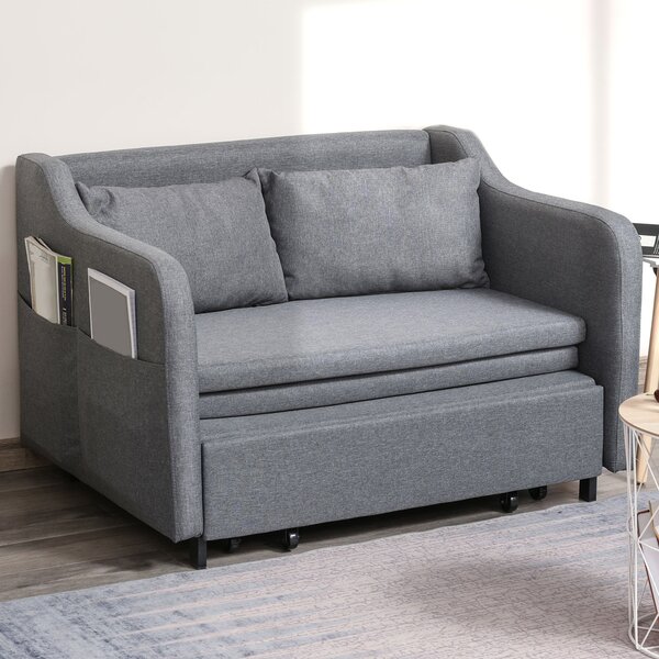 HOMCOM Two Seater Fabric Sofa Bed Convertible Loveseat Couch Sleeper Lounge with Storage for Living Room, Grey