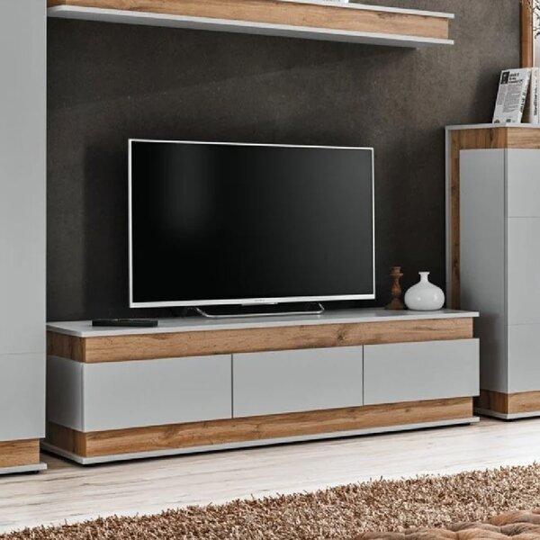 Baraboo Wooden TV Stand With 3 Drawers In Grey And Oak