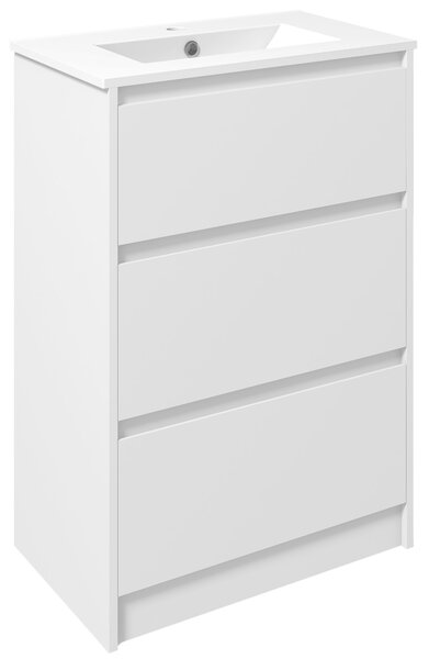 Kleankin Floor Standing Vanity Unit: 600mm Bathroom Sink Cabinet with Basin, Single Tap Hole, High Gloss, 2 Drawers - White Aosom UK