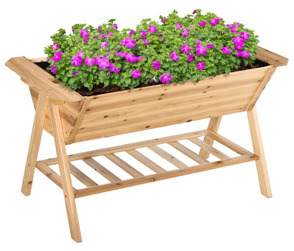 Outsunny Elevated Planter: Wooden Garden Bed with Storage Shelf, Freestanding Patio Planter, Natural Finish