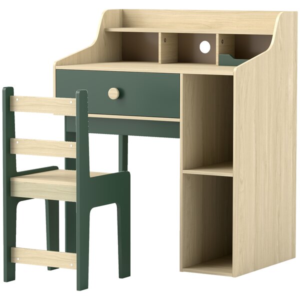 AIYAPLAY Kids Desk and Chair Set with Storage Shelves and Drawer, Green Aosom UK