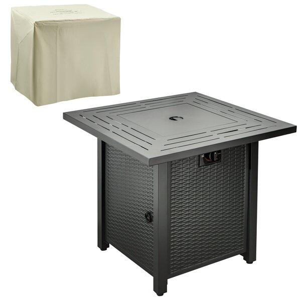 Outsunny Square Propane Gas Fire Pit Table, 40000 BTU Rattan Smokeless Firepit Patio Heater w/ Cover, Lava Rocks & Lid, 71x71x62cm, Black Aosom UK