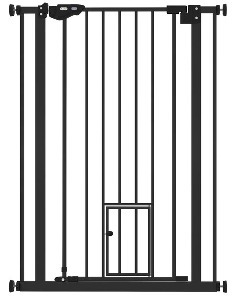 PawHut Extra Tall Dog Gate with Cat Door, Pet Safety Gate for Doorways Stairs with Auto Close Double Locking, 104H x 74-80W cm, Black Aosom UK