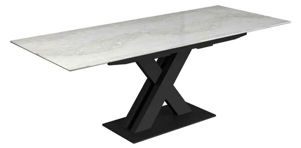 Altois Marble Top Extending Dining Table with Metal X-Shaped Base in Light Grey