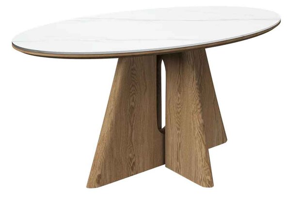 Raevo Oval Ceramic Top Dining Table with Oak Veneer Base in Matte White Marble-Effect