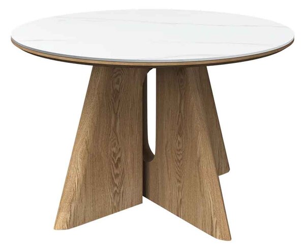 Raevo Round Ceramic Top Dining Table with Oak Veneer Base in Matte White