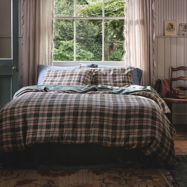 Piglet Fern Green Dallington Check Linen Blend Duvet Cover Size Double