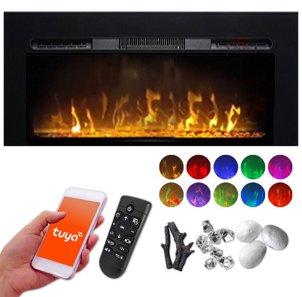 Wall Mounted Electric Fires, Free Standing, Incorporated ElectricSun Paula Glass XS Black, 10 Colour, with Sound Effect, with APP, L102xH45x16cm