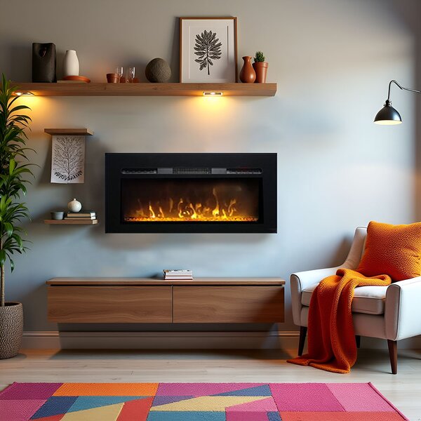 Wall Mounted Electric Fires, Free Standing, Incorporated ElectricSun Paula Glass XS Black, 10 Colour, with Sound Effect, with APP, L102xH45x16cm