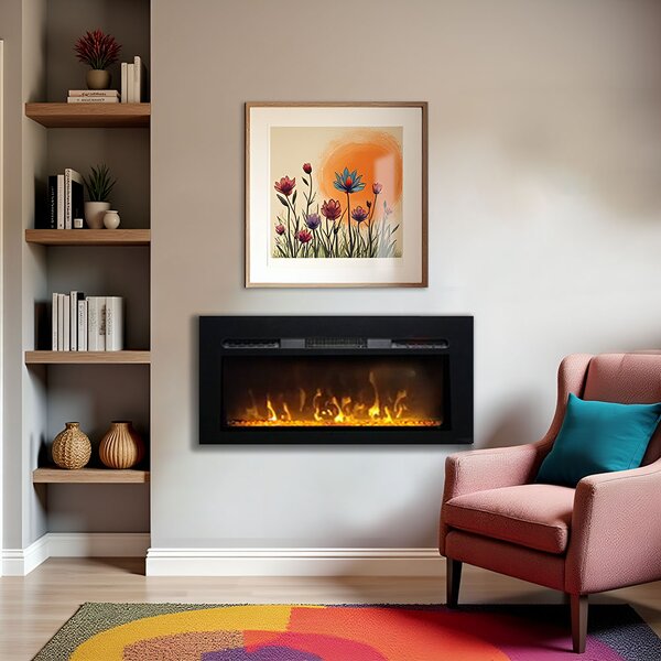 Wall Mounted Electric Fires, Free Standing, Incorporated ElectricSun Paula Glass XS Black, 10 Colour, with Sound Effect, with APP, L102xH45x16cm