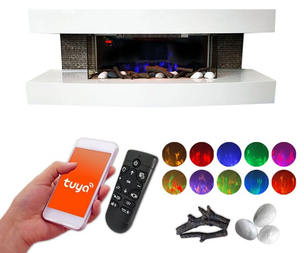 Wall Mounted Electric Fires ElectricSun Paula Medium White Modern Electric Fireplace, with Sound Effect, 10 Colour, with APP, W120xH46x31cm