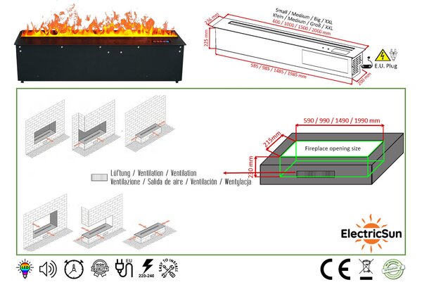 Built-in 3D Electric Fireplace Insert with Water Vapour, LED, with APP, ElectricSun MISTique XXL 200 cm