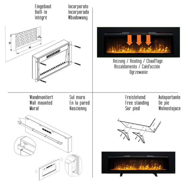 Wall Mounted Electric Fires, Free Standing, Incorporated ElectricSun Paula Glass BIG Black, with Sound Effect, 10 Colour, with APP, L183xH45x16cm
