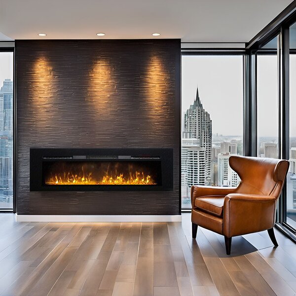 Wall Mounted Electric Fires, Free Standing, Incorporated ElectricSun Paula Glass Medium Black, 10 Colour, with Sound Effect, with APP, L153xH45x16cm
