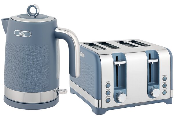 HOMCOM Sleek Textured Kettle and Four-Slice Toaster Set - Blue