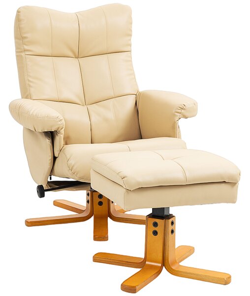 HOMCOM PU Leather Swivel Recliner Chair with Footstool, Wooden Base and Storage for Living Room, Beige