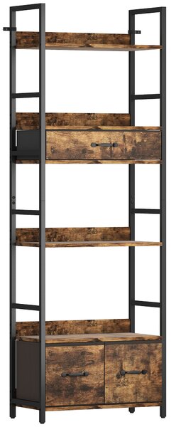 HOMCOM Industrial Style Bookcase, with 4 Shelves and 3 Fabric Drawers - Brown/Black