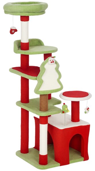 PawHut Cat Tree, 120cm Christmas Cat Tower with 3 Scratching Posts, Scratching Board, 2 Perches, Platforms, Toys, Green