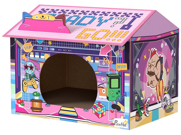 PawHut 2 in 1 Gaming Style Cardboard Cat House with Scratching Board & Catnip for Indoor Cats, Pink