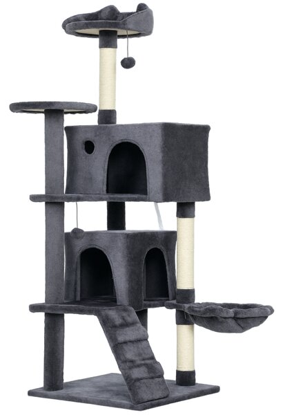 PawHut 140cm Large Cat Tree Tower with Sisal Scratching Posts, Cat Houses, Plush Perches, Hammock, Ladder, Dark Grey